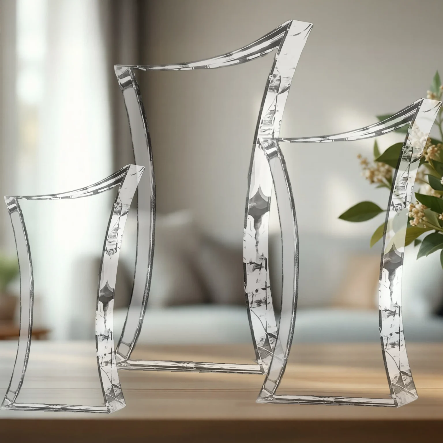 Clear, angular glass-like chairs arranged along a wooden surface in a bright room.