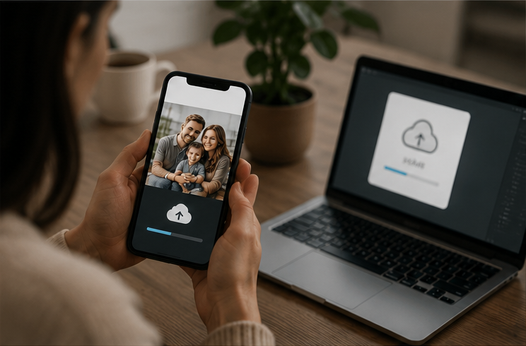 Person uploads a family photo from a smartphone to the cloud, with a laptop showing a cloud upload icon nearby.
