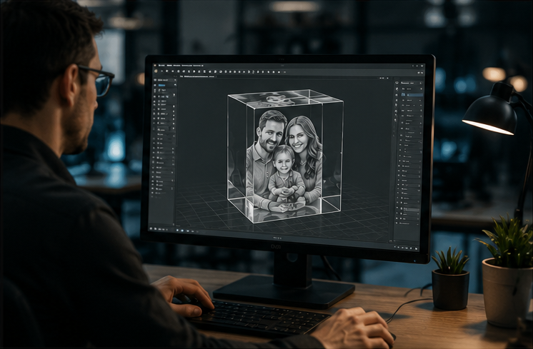 Designer editing a 3D render of a grayscale family portrait inside a glass cube on a computer monitor in a dim office.