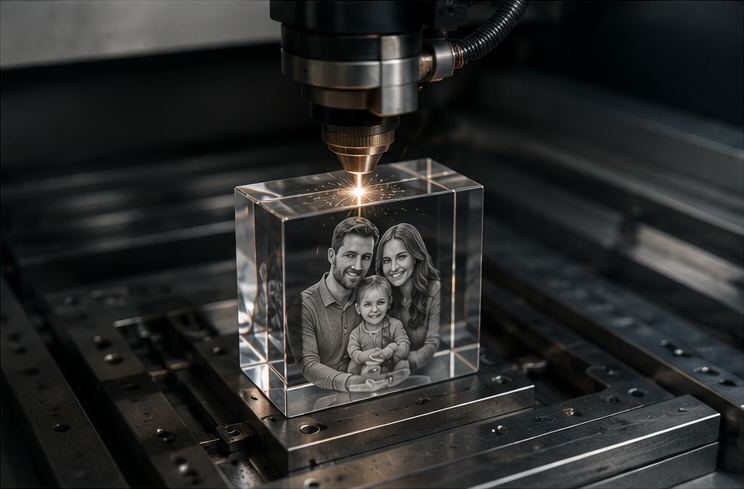 Glass cube being engraved with a family portrait by a laser on a metal machine bed, creating a keepsake photo piece.