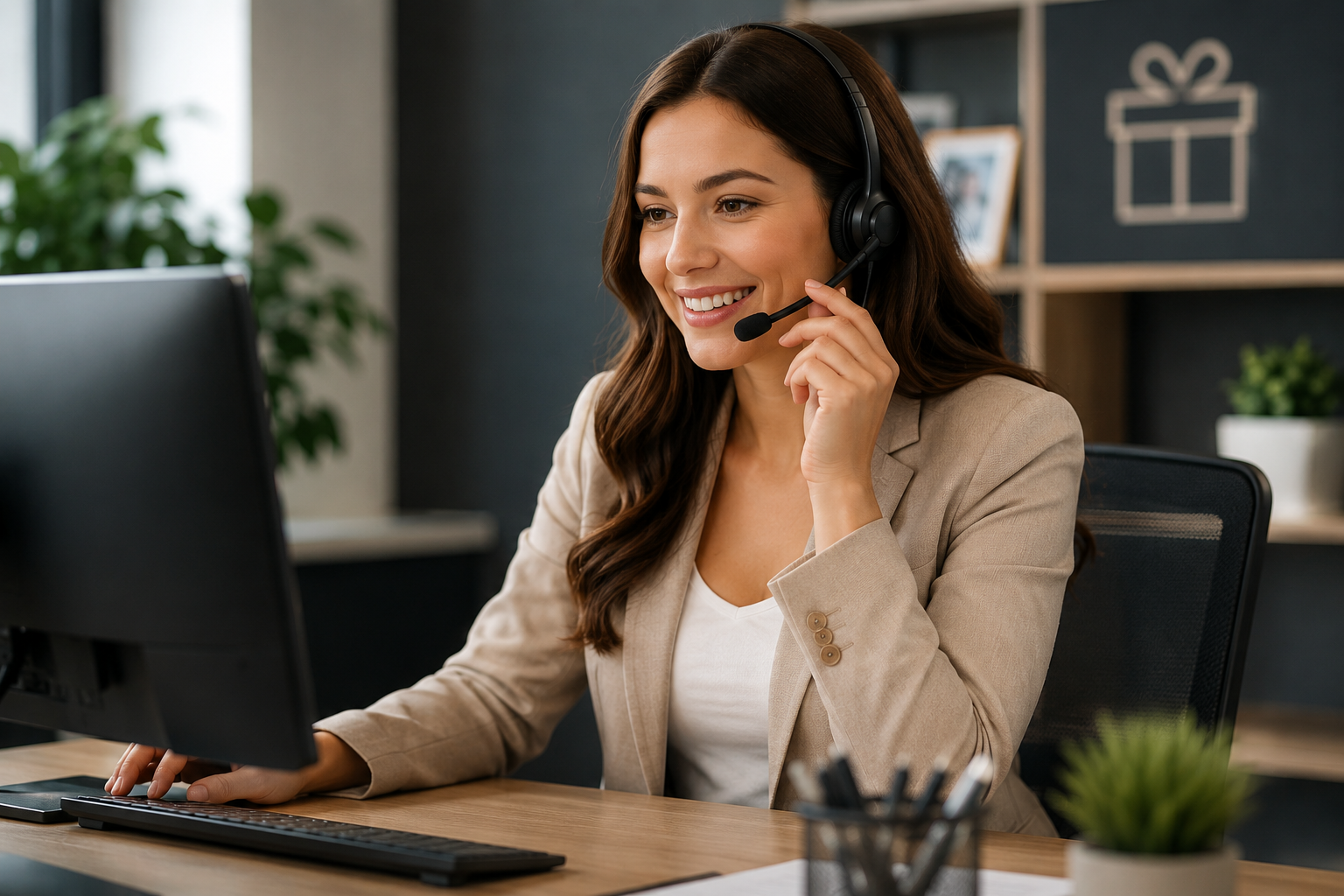 Woman in a beige blazer wearing a headset, smiling at a computer in an office setting