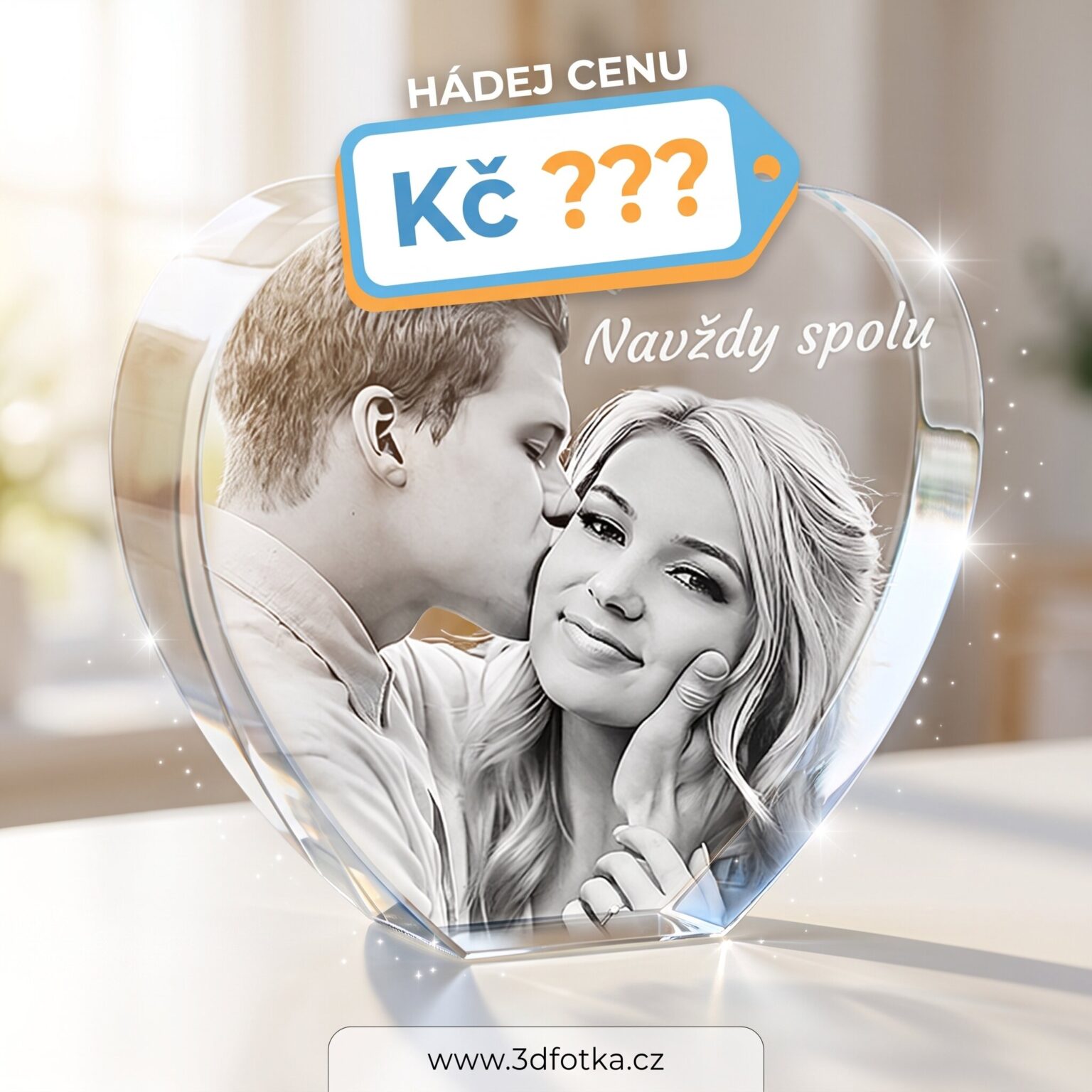 Promotional banner featuring a couple inside a crystal heart and text 'Hádej cenu' with a blue-orange price tag reading 'Kč???' and URL at bottom (www.3dfotka.cz).