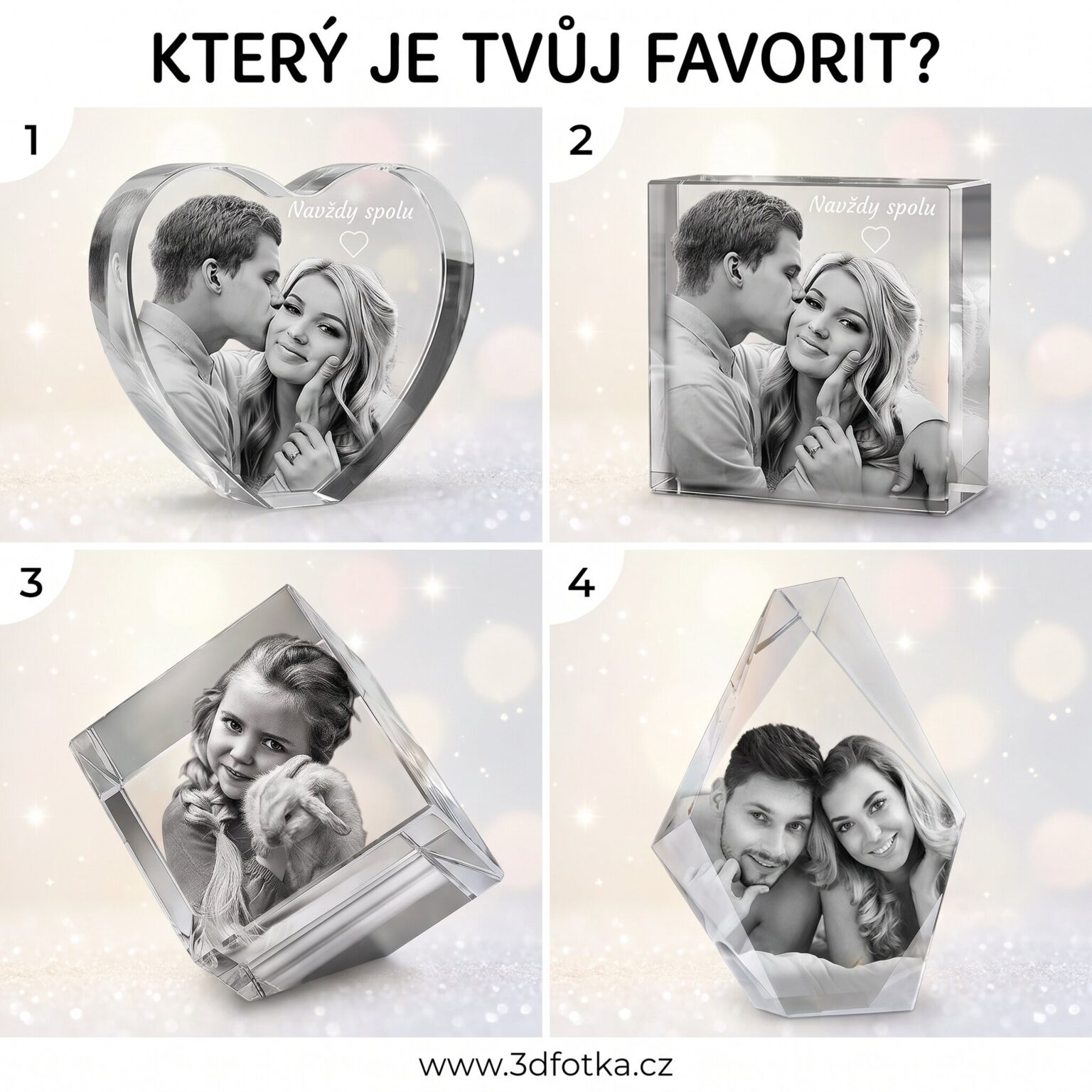 Collage of four black-and-white couple photos framed in crystal shapes, with 'Navždy spolu' text and the site www.3dfotka.cz