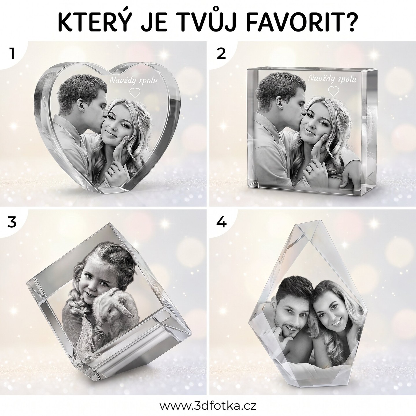 🗳️ Srdce, kostka, diamant či ledovec — který bys chtěl doma?

Napiš číslo do komentářů! Každý tvar umíme vygravírovat tvoji fotkou. Jsme zvědaví, který vyhraje 😊

💬 Hlasuj číslem a prohlédni celou nabídku na www.3dfotka.cz

#hlasovani #hra #gravirovanidoskla #sklenenydarek #3dfotka
